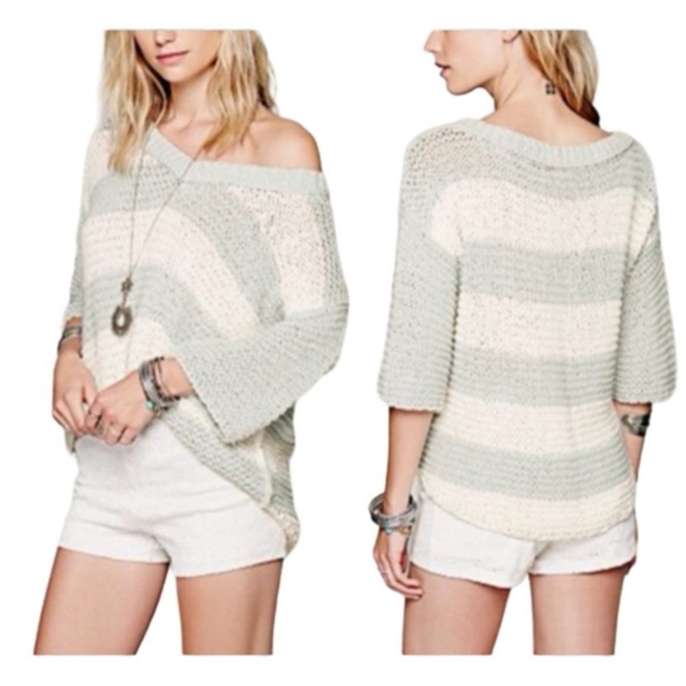 Free People Park Slope Mint Green Cream Stripe V-Neck Knit Sweater Small